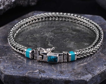 Dragon Bone Men&#39;s Silver Bracelet with Turquoise,  Small Chain Men&#39;s Bracelet, Gifts for Him