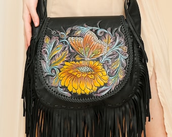 Black Fringe Bohemian Bag with Butterfly Hand Carved, Native Indian Leather Bag, Festival Bag