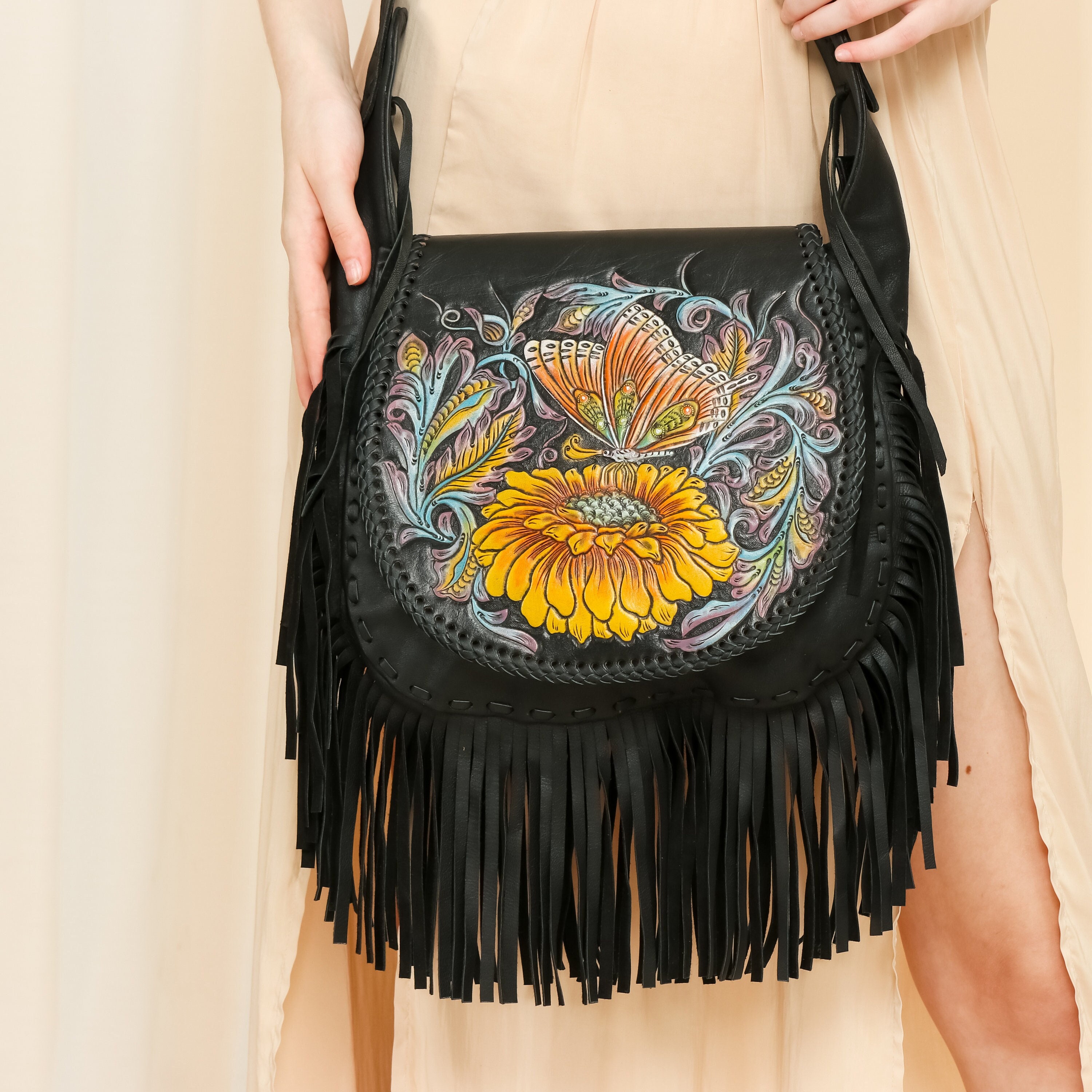 The Arena Handtooled Leather Fringe Purse Over The Shoulder Hand Tooled and Fringe Leather Purse