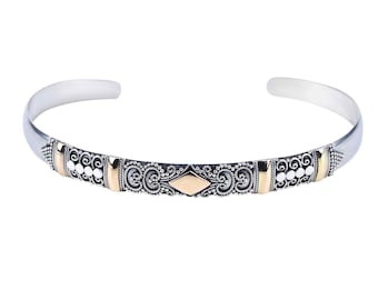 Bali Silver Bracelet | Bali Silver Bangle with Accents Gold 18 K |  Best Gift for Her