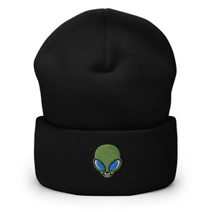 Embroidered Alien Cuffed Beanie: Sci-Fi Knitted Cap