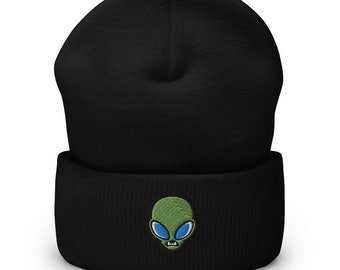 Alien Cuffed Beanie | Sci-fi Hat | Science Fiction Knitted Cap | Warm and Comfortable | Extraterrestrial Skull Cap