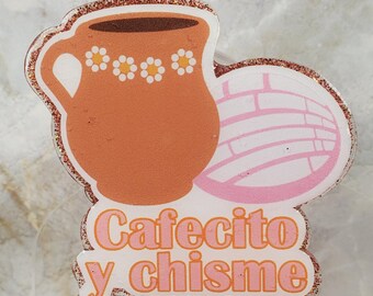 Cafecito y Chisme Badge Reel With Beads: Funny Sarcastic Glitter Badge Holder, Coffee and Gossip