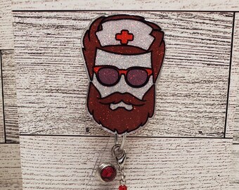 Bearded Nurse Glitter Badge Reel: Fun Medical ID Holder