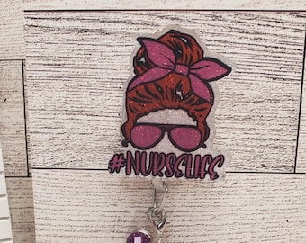 Messy Bun Nurse Badge Reel: Glitter ID Badge Holder