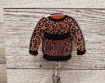 Leopard Print Sweater Badge Reel: Glitter Acrylic ID Holder