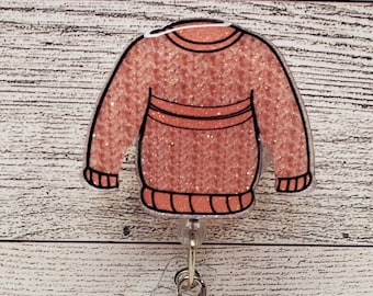 Winter Sweater Badge Reel: Glitter Peach Acrylic ID Holder