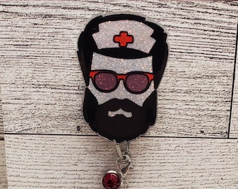 Bearded Nurse Badge Reel: Glitter ID Badge Holder