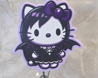 Bat Kitty Character Halloween Beaded Badge Reel: Glitter ID Badge Holder