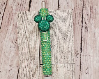 Green Mouse Rhinestone Pen: Handmade Character Pen