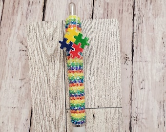Autism Awareness Rhinestone Pen: Handmade Gel Pen with Puzzle Charm