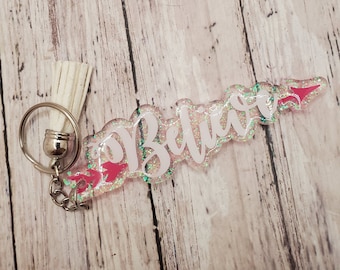 Believe Keychain: Glitter Acrylic Faith Gift with Tassel