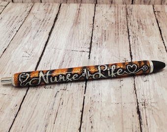 Tiger Print Nurse Life glitter pen; custom nurse glitter pen