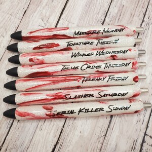 Crime Scene pen set, crime show pens, true crime pen set, days of the week pens, funny pens