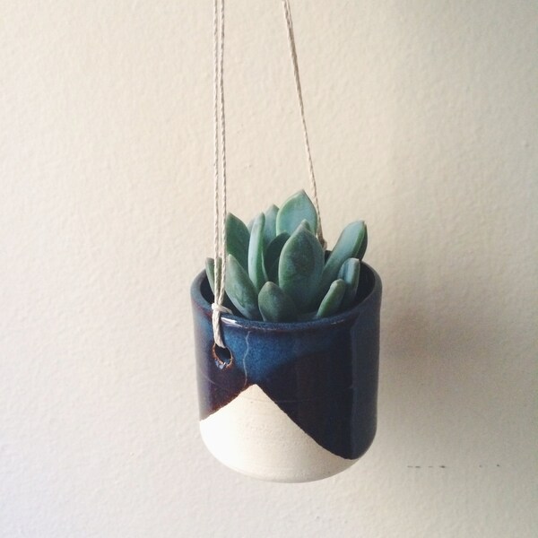 Small ceramic dip glazed navy and brown hanging planter, indoor outdoor