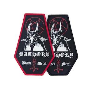 May include: Two coffin-shaped embroidered patches featuring a white goat head graphic, a red pentagram, and the text Bathory Black Metal. One patch has a red border, while the other has a black border. Both include a small red symbol at the bottom.