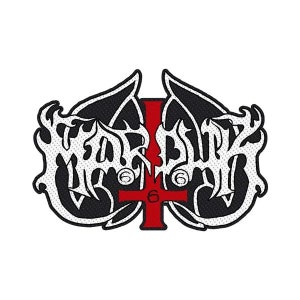 May include: Black and white embroidered patch with the word "WATAIN" in a stylized font. A red inverted cross with the number "6" is centered below the word.