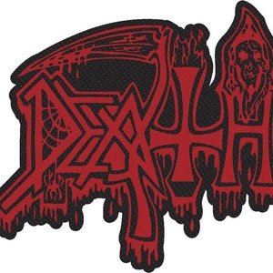 May include: Red and black embroidered patch with the word "DEATH" in a gothic font. The patch features a skull and crossbones design.
