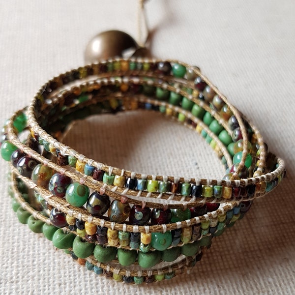 Vegan 5 wrap boho beaded bracelet with recycled Indonesian matte glass beads and a picasso seed bead mix with vintage recycled brass button