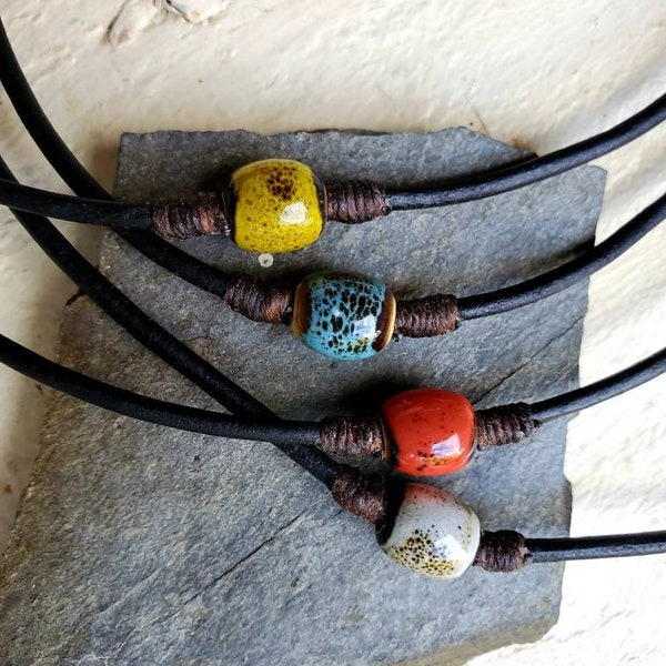 Leather cord necklace Men's rugged choker Porcelain ceramic bead Blue Yellow Red or Bone Summer jewelry Rustic surfer choker Choose a size.