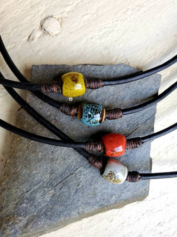Leather Cord Necklace: Rustic Ceramic Bead Choker, Surfer Style, Men…