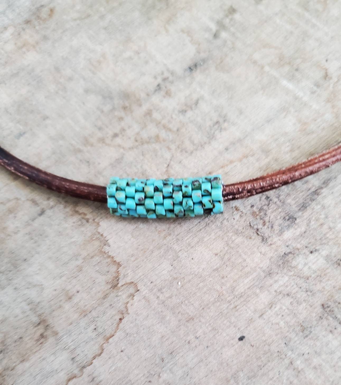 Leather cord choker necklace with hand beaded peyote stitch Etsy