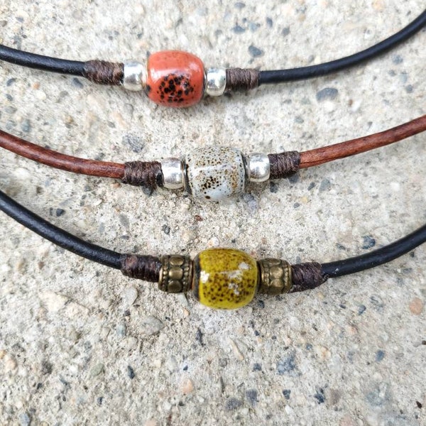 Rugged earthy mens leather cord necklace. Man necklace.  4 colors speckled ceramic bead. Teen or unisex gift.  Casual rustic surfer style.