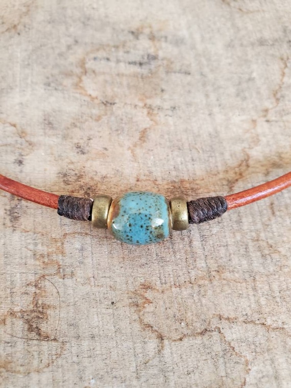 Men's Leather Cord Necklace Blue Speckled Porcelain Bead