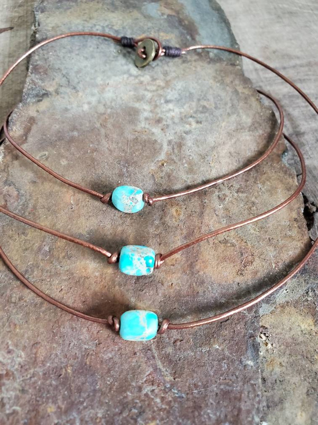Turquoise Stone on Leather Cord Choker Short Leather Necklace With