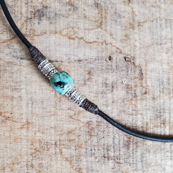 Male leather cord necklace.  Mens turquoise choker Short leather necklace African turquoise rugged necklace. Natural rustic, surfer jewelry