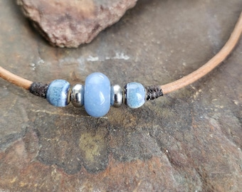 Blue Aventurine Leather Cord Necklace: Rustic Gemstone Choker