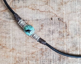 Men's leather cord necklace with big African turquoise nugget shape bead Blue bead on leather Surfer choker Fathers day gift summer jewelry