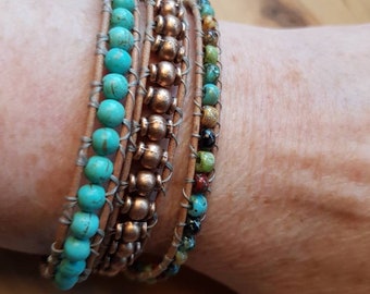 beaded leather bracelet,  triple leather wrap bracelet, turquoise wrap bracelet, picasso bead bracelet, adjustable leather bracelet, blue
