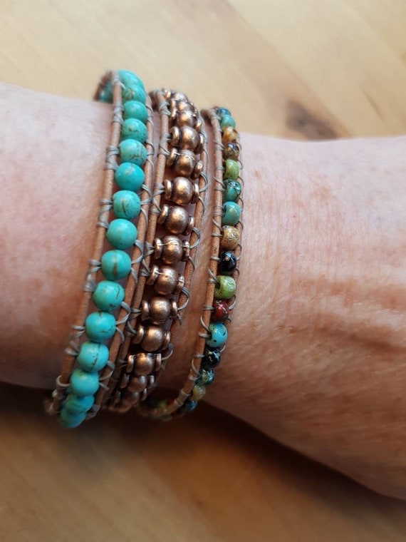 Brown Leather Bracelet with Turquoise-color Magnesite Beads Toggle Closure Brown Leather Bracelet with Turquoise-color Magnesite Beads Toggle Closure