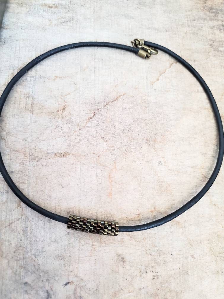 Leather cord choker necklace with hand beaded peyote stitch Etsy