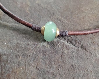 Leather cord necklace with Green Aventurine gemstone on brown cord with Brass beads Great gift Short leather necklace Choose your size