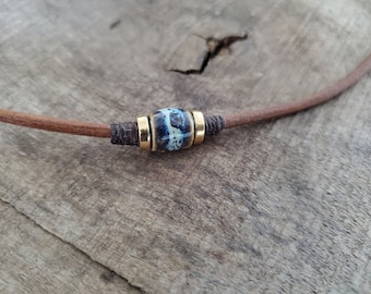 Men's leather cord necklace Masculine rugged choker 3mm leather cord with glazed porcelain bead speckled blue ceramic bead Short necklace