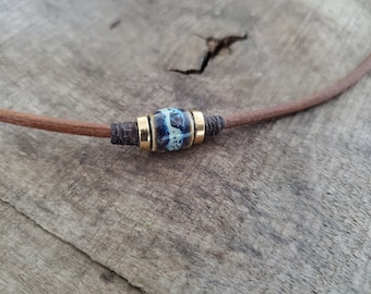 Mens Leather Cord Necklace: Blue Speckled Ceramic Bead, Rugged Choker