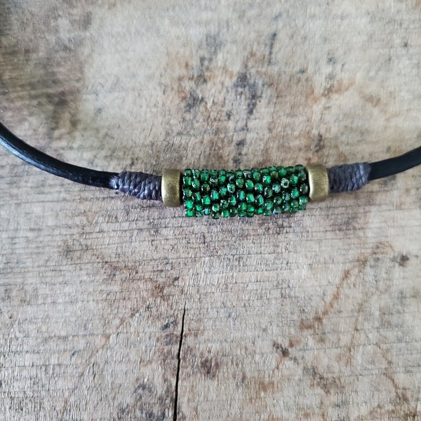 Leather cord choker necklace Gorgeous green handmade tube bead on black leather Earthy glam You choose the length Minimalist gift for her