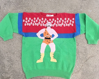 20% OFF!! 70S vintage Wrestling cotton knit sweater : avant garde ugly