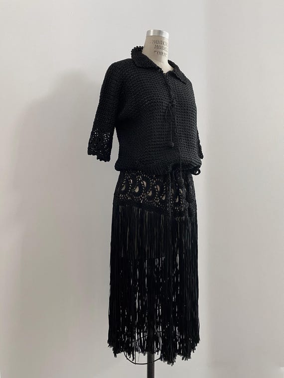 black crochet fringe dress Black Open Knit Crochet Fringe Hem Midi Dress AX Paris