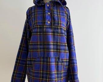 Camicia di flanella a quadri blu vintage anni '80, mezza aperta: pantaloni e giacca stile rave anni '90