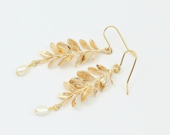 Branch Earrings with Freshwater Pearls, Gold Plated Brass Pretty Botanical Drop Earrings, Handmade by Detail london.