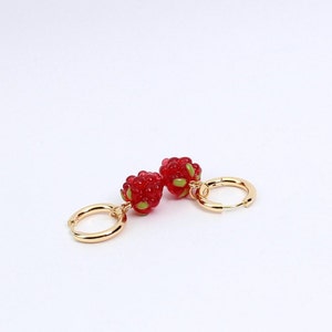 Raspberry Charm Hoop Earrings, Thick Gold Plated Hoops with Resin Fruit Charms, Handmade Earring by Detail London.