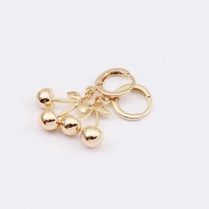 Cherry Charm Huggie Hoop Earrings, 18K Gold Plated, Handmade Fruit Earrings by Detail London.