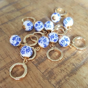 Blue & White Floral Ceramic Bead Charm Huggie Hoops, Choose 18K Gold Plated or Silver Plated, Handmade Hoop Earrings by Detail London. image 3