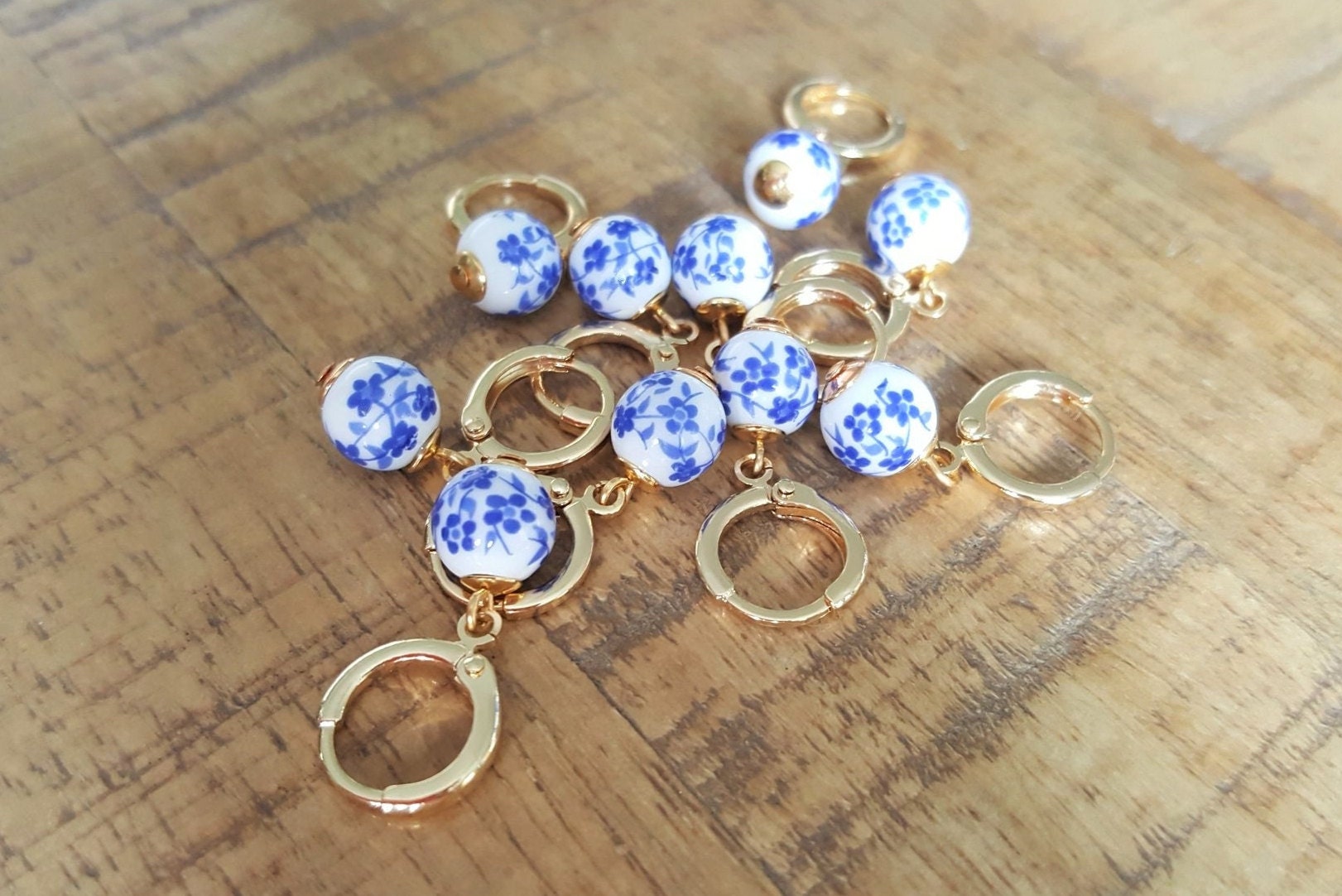 Blue & White Floral Ceramic Bead Charm Huggie Hoops, Choose 18K Gold Plated or Silver Plated, Handmade Hoop Earrings by Detail London.