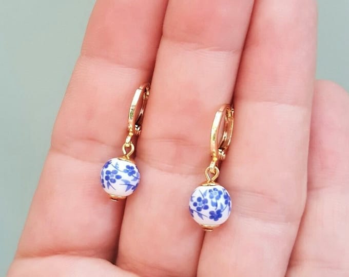 Blue Floral Ceramic Bead Hoop Earrings: Gold or Silver Plated, Handmade by Detail London.