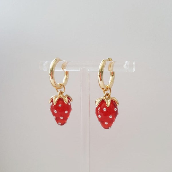 Strawberry & Faux Pearl Hoops, 16mm Gold Plated Brass Hoops with Faux Pearl Studded Resin Strawberry Charms, Handmade by Detail London