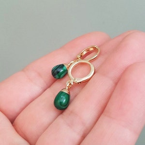 Malachite Charm Huggie Hoop Earrings, 18K gold Plated Hoops with Tiny Drop Shaped Gemstone Charms, Handmade Earrings by Detail London.